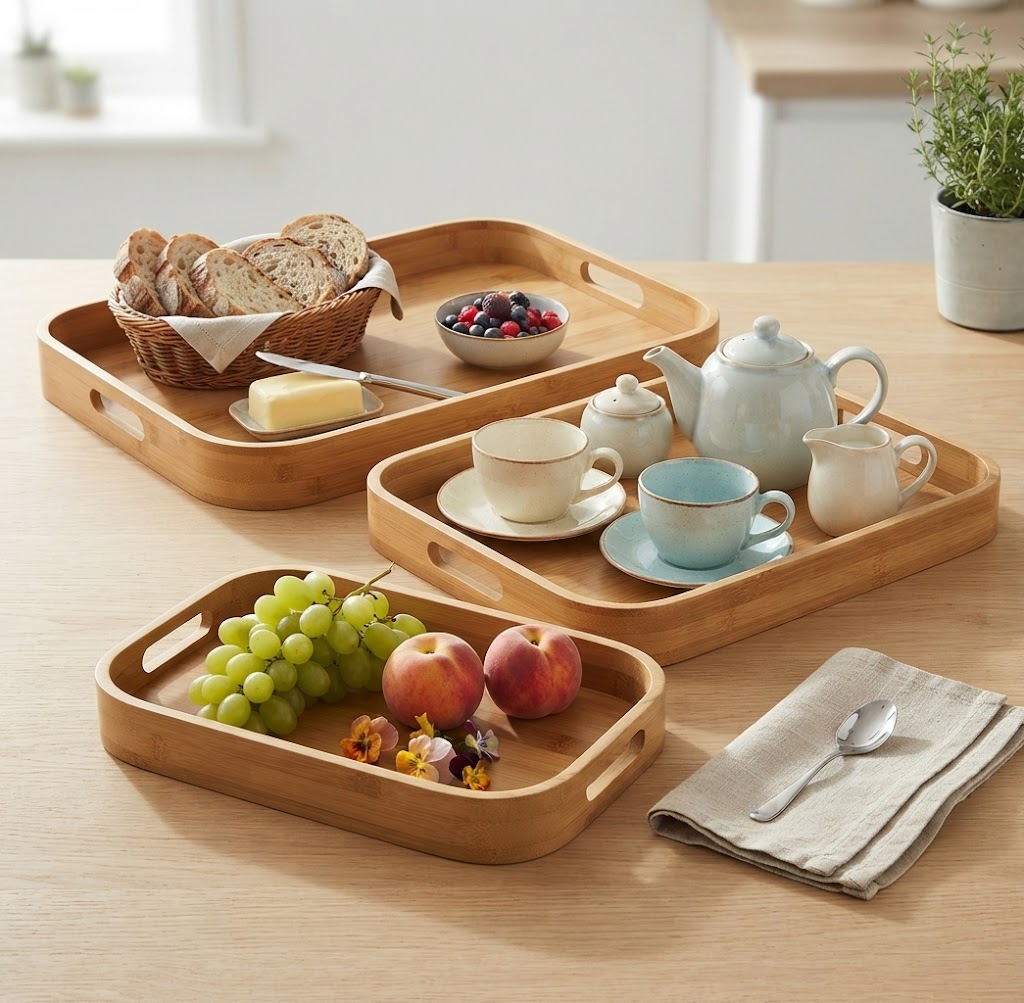 Multipurpose Bamboo Wooden Serving Tray with Handles for Tea, Coffee, and Food