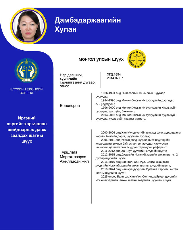 Иргэний хэргийг харьяалан шийдвэрлэх давж заалдах шатны шүүхэд нэр дэвшигч Д.Хулангийн мэргэжлийн үйл ажиллагааны танилцуулга