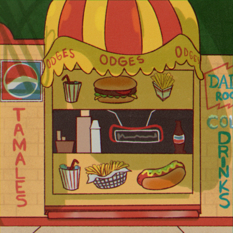 A cartoony illustration of the front of a small street restaraunt.