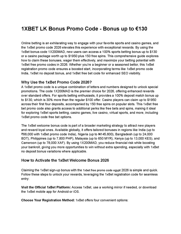1XBET LK Bonus Promo Code - Bonus up to €130