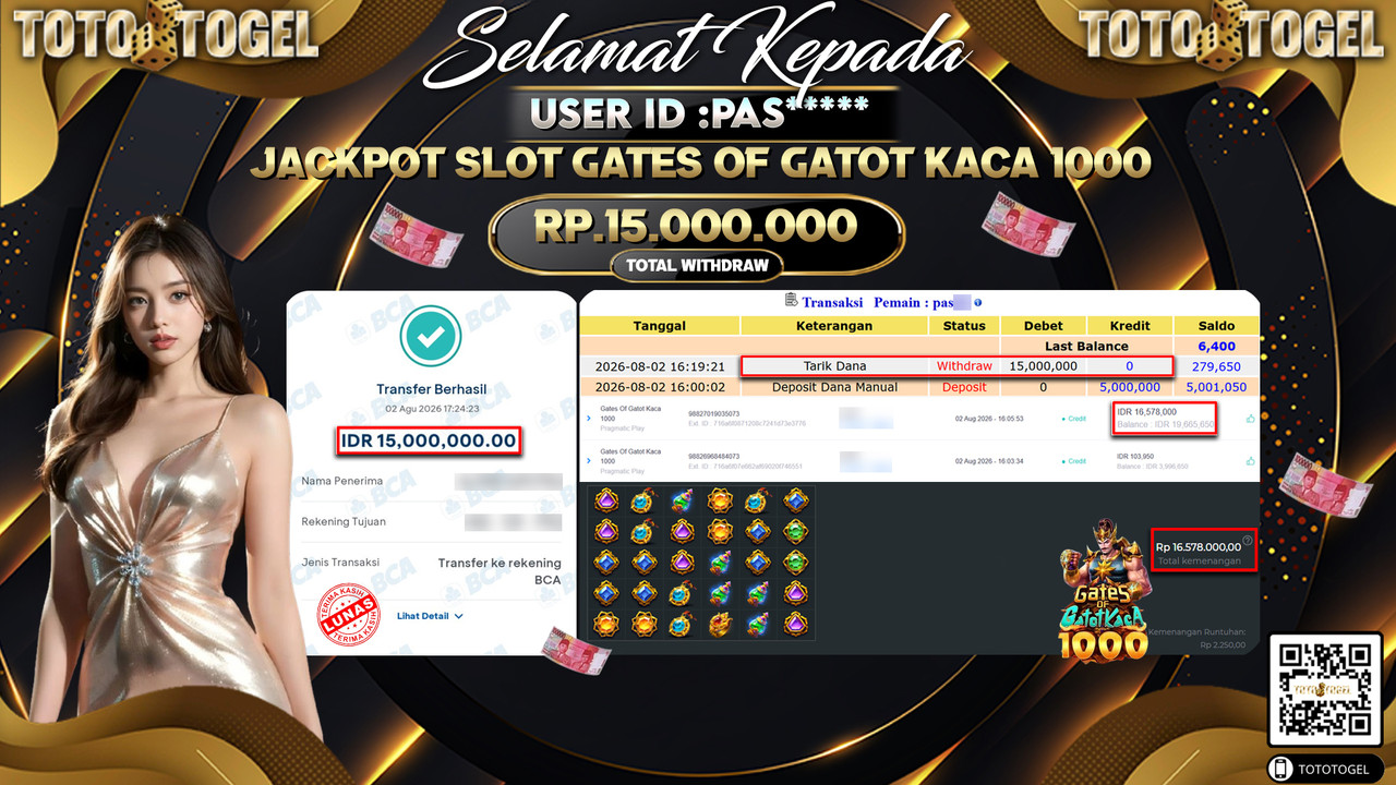 Bukti Pembayaran Jackpot SLOT GATES OF GATOT KACA 1000 ID:PAS**** LUNAS