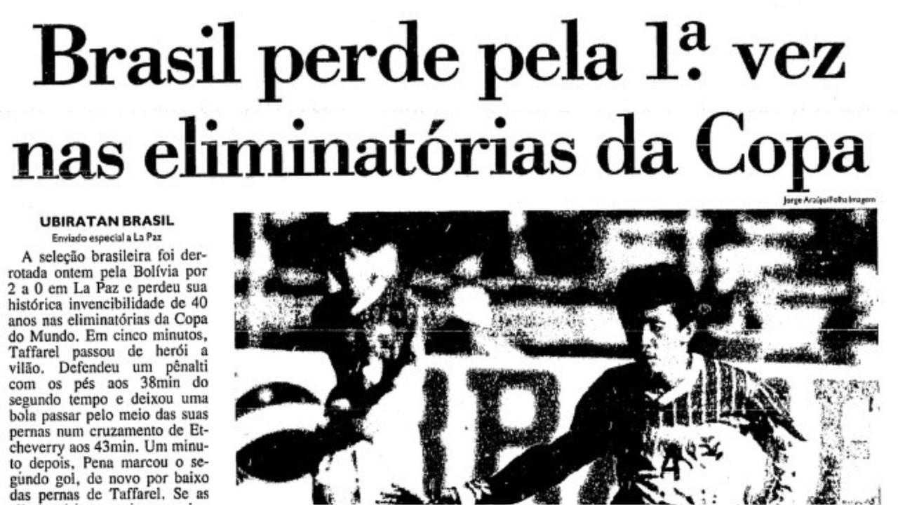 Capa do jornal Folha de São Paulo sobre a derrota do Brasil para a Bolívia | Reprodução / Acervo Folha de SP