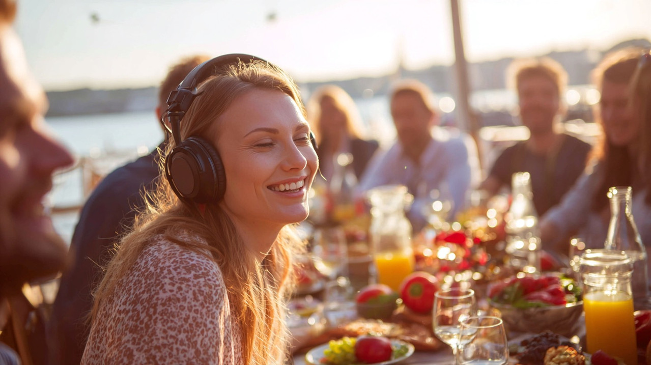 Именинник в наушниках счастливо улыбается, слушая песню в подарок на солнечном празднике в кругу друзей на берегу Дона.