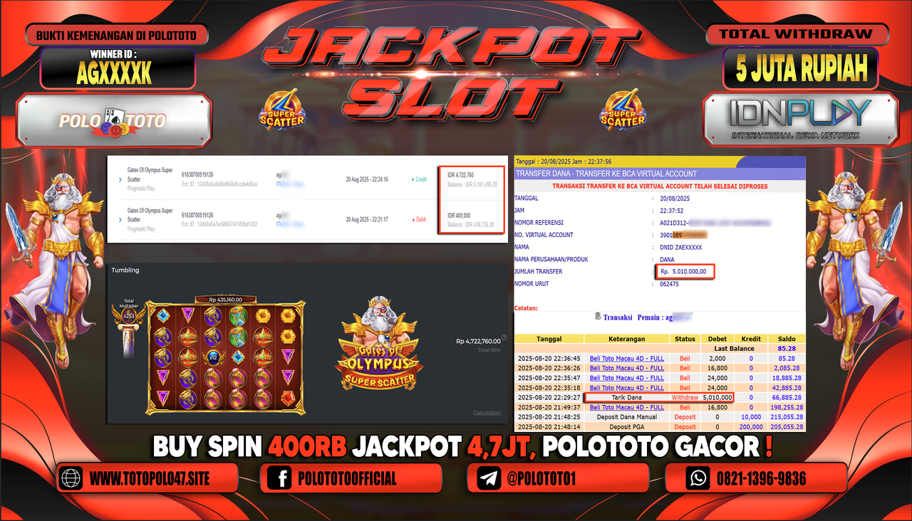 POLOTOTO JACKPOT SLOT GATES OF OLYMPUS SUPER SCATTER Rp.5.010.000,-