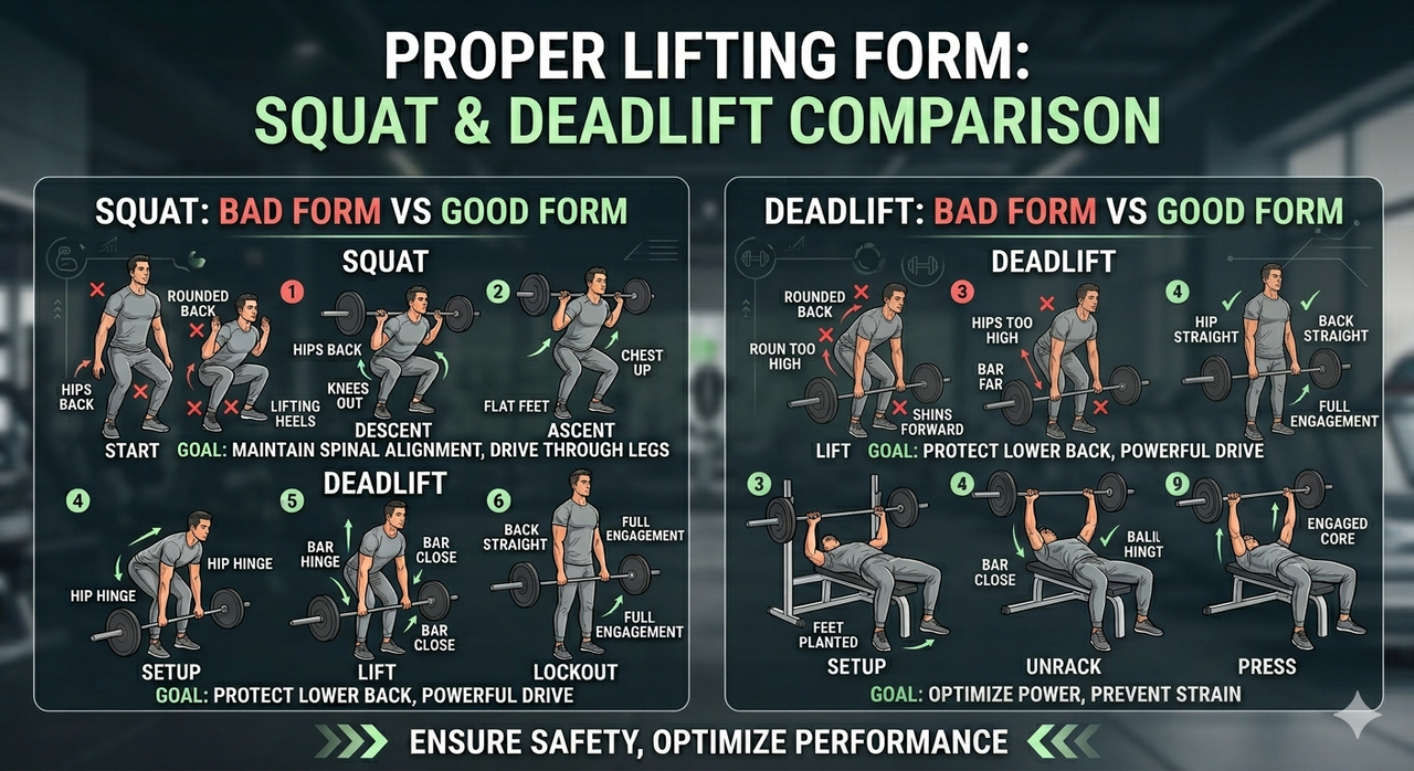 Comparison of bad form vs good form in squat and deadlift showing proper lifting technique and common errors