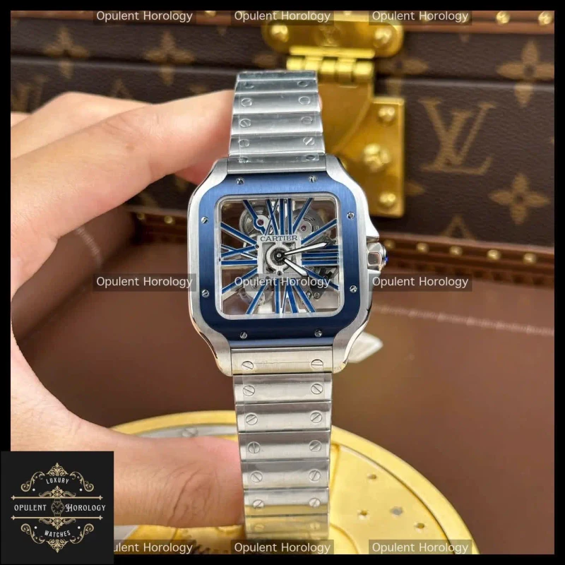 Cartier Santos Skeleton Replica 39.8mm Blue Bezel Steel Bracelet Manual Wind Super Clone