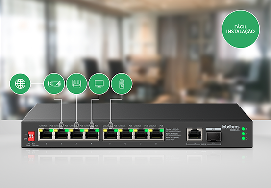Switch Intelbras S1110G-PA com destaque para a instalação Plug & Play