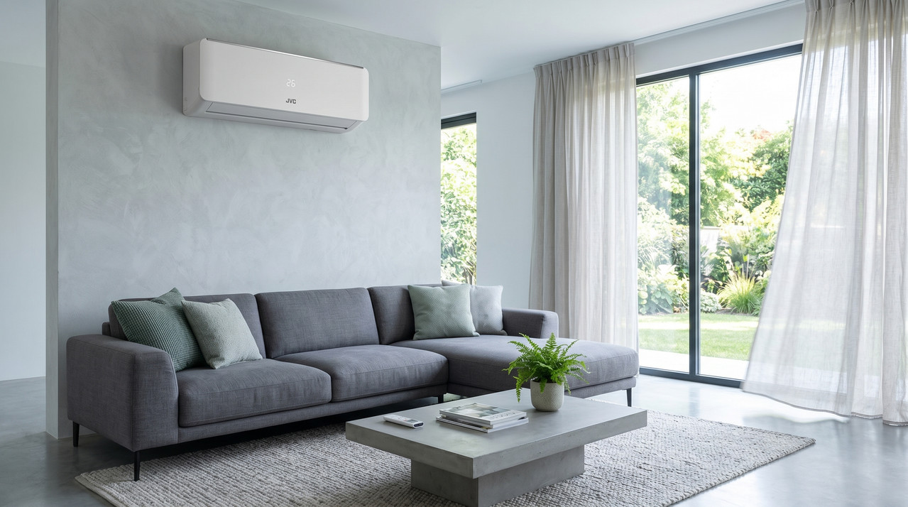 Unidad evaporadora de aire acondicionado split JVC de diseño blanco minimalista instalada armónicamente en la pared de un espacio interior moderno
