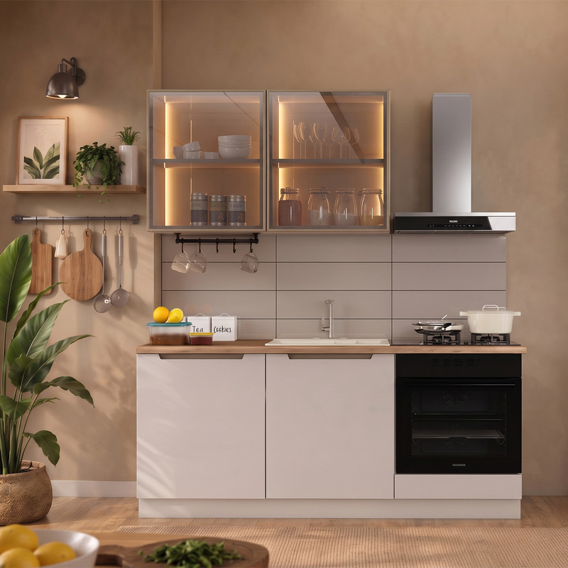 Hera 180 cm Mutfak Dolabı Seti %100 MDF Ledli Fırın Modüllü Lavabolu Raflı Mutfak Dolabı Takımı 5 Modül Tezgah Dahil Bej