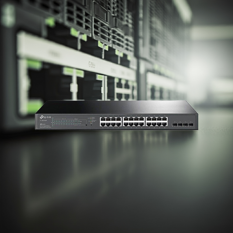 Switch TP-Link TL-SG2428P exibindo as 24 portas Gigabit PoE+ e os 4 slots SFP.