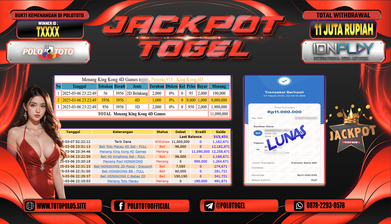 POLOTOTO JACKPOT TOGEL PASARAN KING KONG 4D Rp.11.000.000,-
