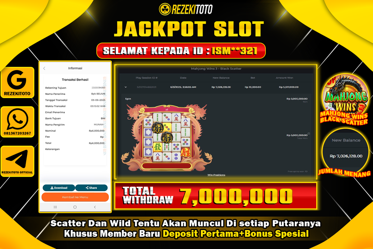 BUKTI KEMENANGAN 03 JUNI 2025 WD MAHJONG WINS BLACK SCATTER 7 JUTA 