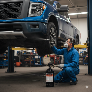Wax-based undercoating curing on wheel wells and floor pans