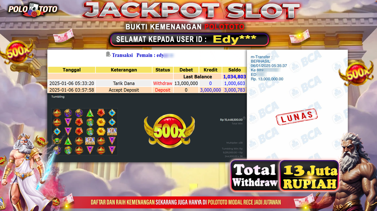 POLOTOTO JACKPOT SLOT GATES OF OLYMPUS 1000 Rp.13,000.000,-