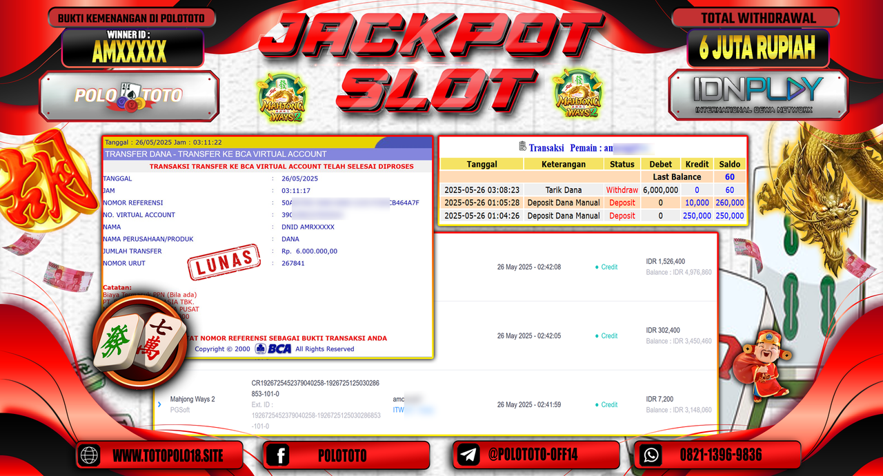 POLOTOTO JACKPOT SLOT MAHJONG WAYS 2 Rp.6.000.000,-