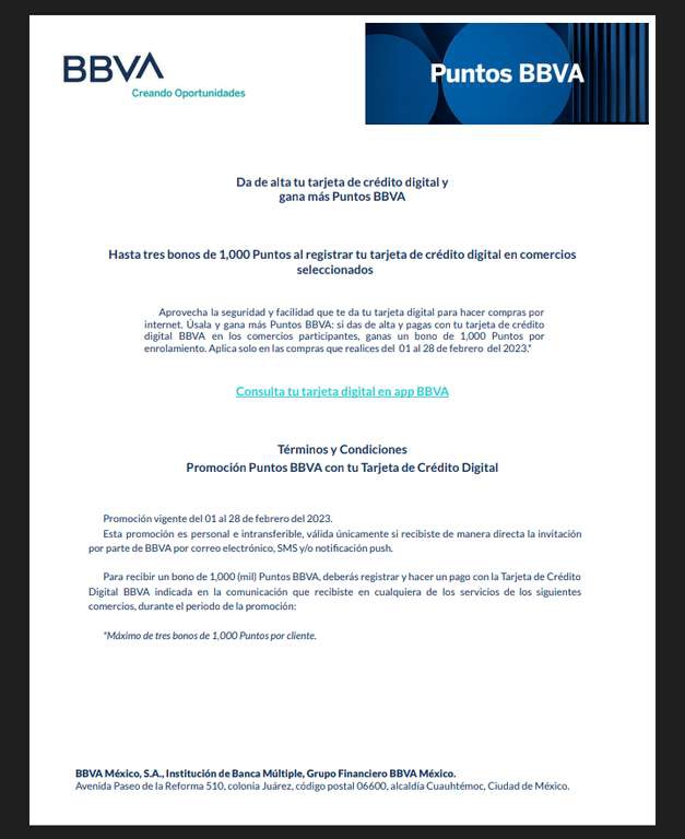 BBVA: Hasta 3 bonos de 1000 puntos al registrar y hacer 1er pago con TDC digital en comercios participantes 
