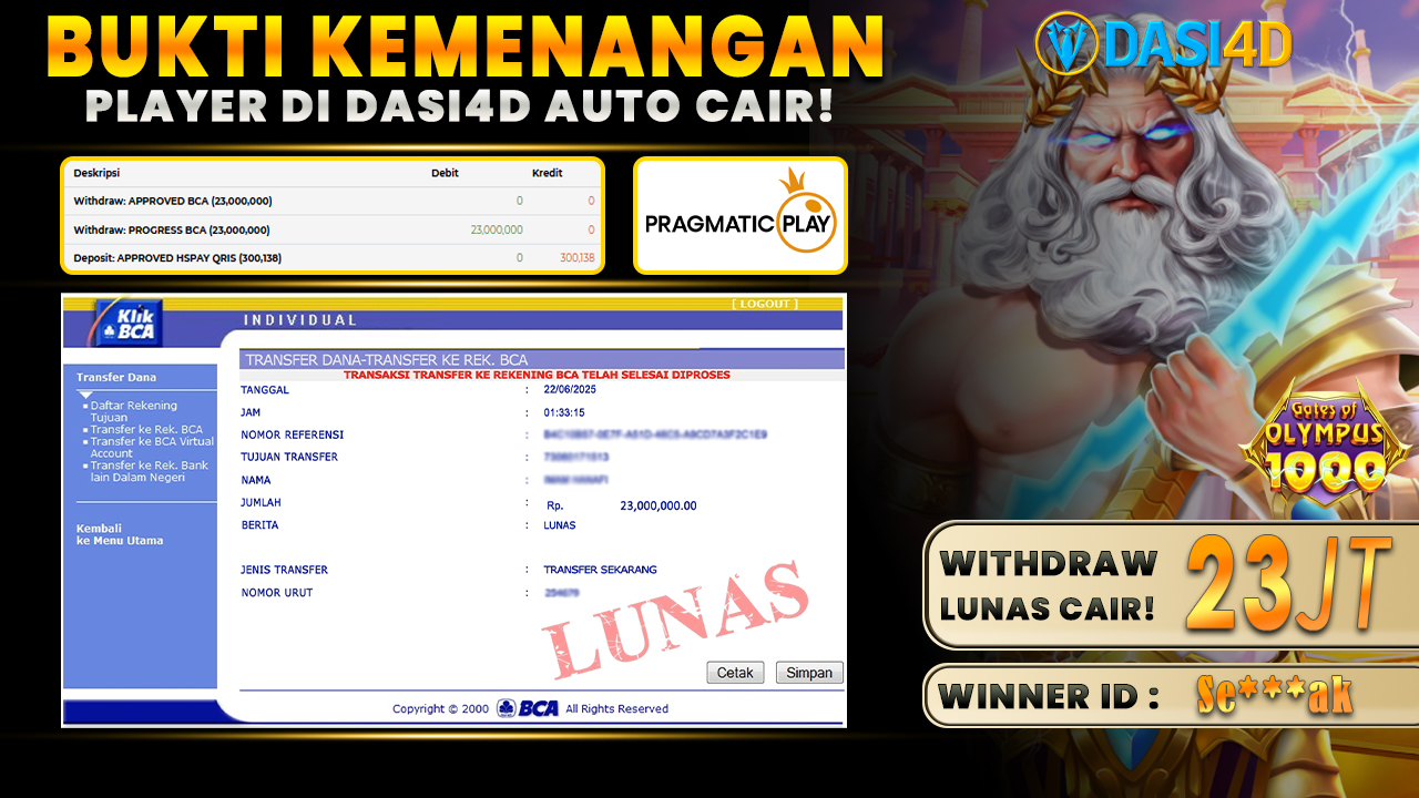 BUKTI KEMENANGAN 22 JUNI 2025 DI  GATES OF OLYMPUS 1000 WD 23 JUTA