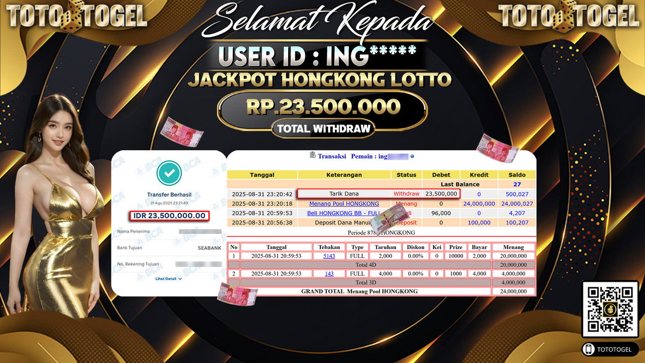 Bukti Pembayaran Jackpot Permainan Togel Hongkong Lotto ID:ING***** LUNAS