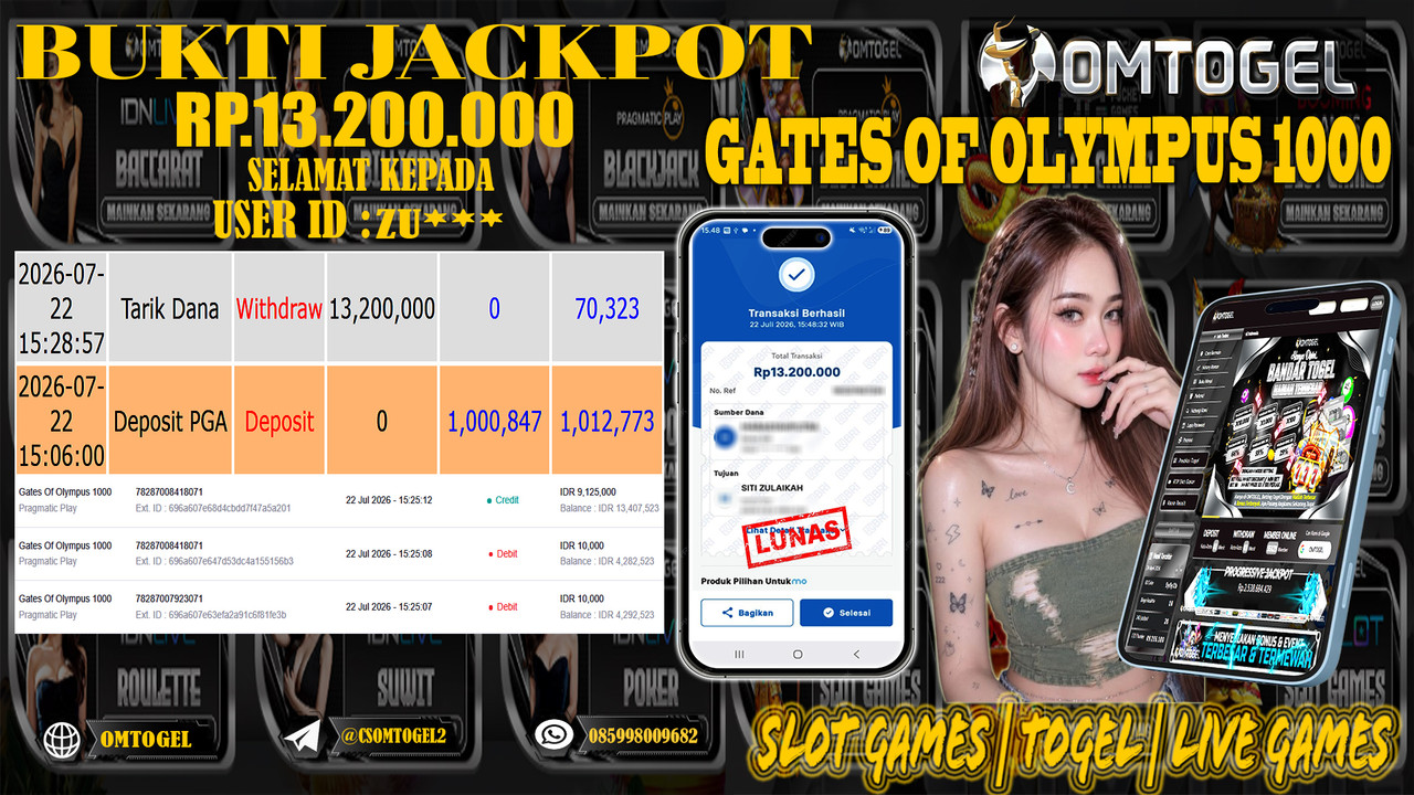 OMTOGEL JACKPOT PRAGMATICPLAY GATES OF OLYMPUS 1000 Rp,13,200,000,- DIBAYAR LUNAS