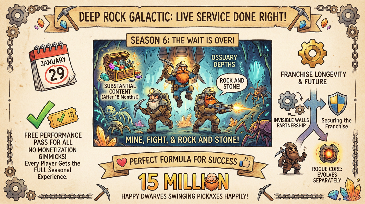 Deep Rock Galactic Season 6 Drops January 29 - New Biome, Enemies, and Dwarven Mayhem Await 1 Miners exploring massive underground cave system