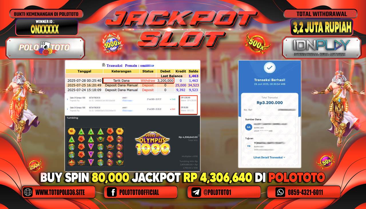 POLOTOTO JACKPOT SLOT GATES OF OLYMPUS 1000 Rp.3.200.000,-LUNAS