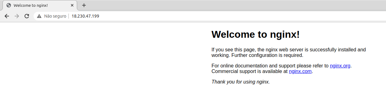 resposta ao acessar o endereço http://18.230.47.199