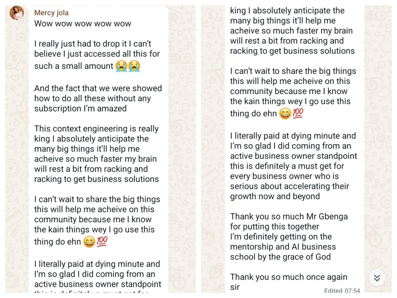 Original AI Sales System testimonial from Mercy Agboola