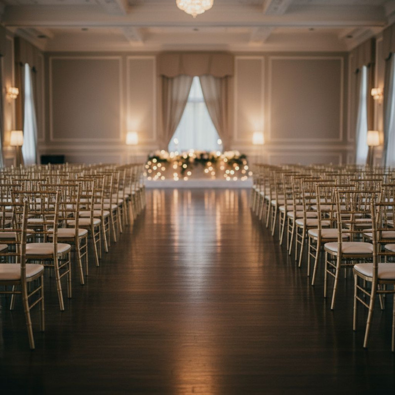 Подготовка банкетного зала к приему гостей: расстановка стульев для мероприятия согласно плану рассадки.