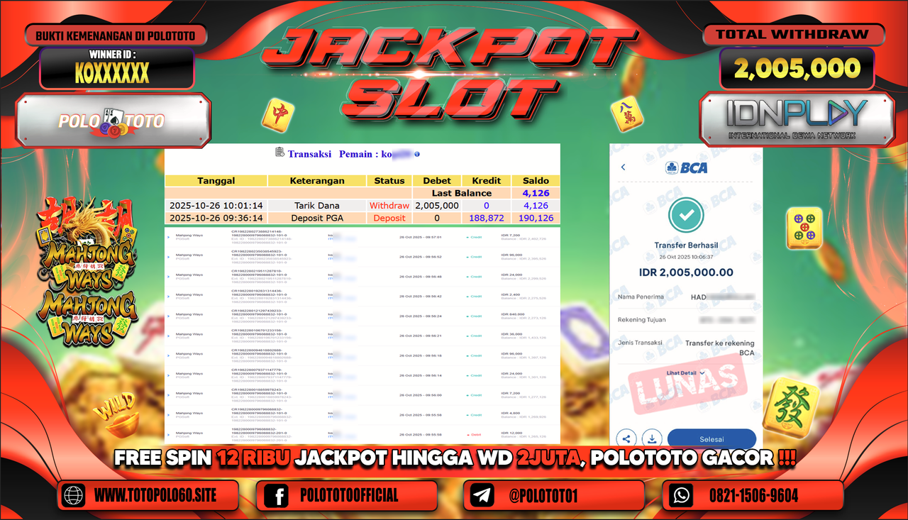 POLOTOTO JACKPOT SLOT MAHJONG WAYS Rp.2.005.000,- LUNAS
