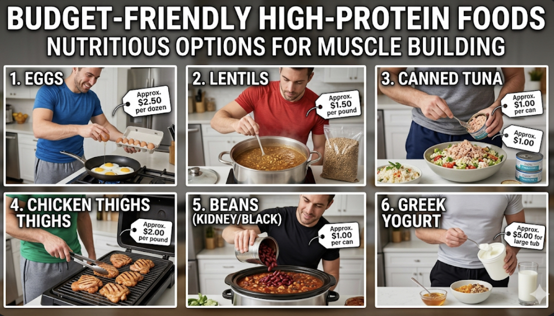 Meal prep containers with chicken, rice, lentils, eggs, and vegetables, showing cheap high-protein foods for muscle growth and high protein foods low cost