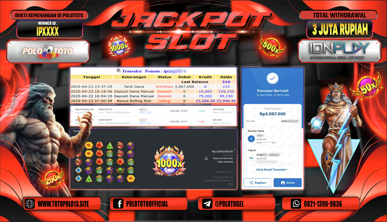 POLOTOTO JACKPOT SLOT GATES OF OLYMPUS 1000 Rp.3.067.000,-
