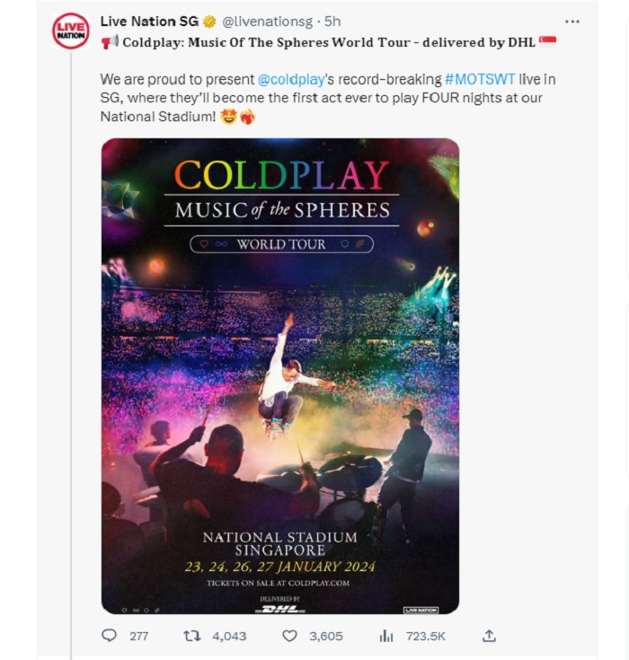 Unggahan Twitter Live Nation SG, mengumumkan bahwa Coldplay bakal menggelar konser di Singapura selama 4 hari.