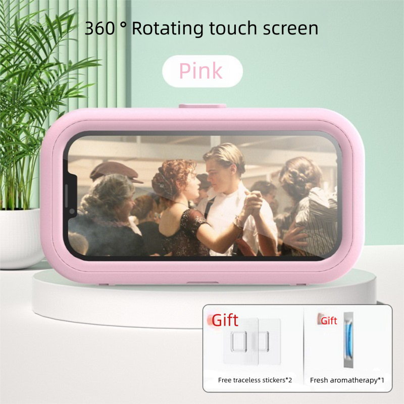 Waterproof Shower Phone Holder Wall Mount with Aromatherapy - 360° Rotating & Retractable Anti-Fog Case - Drill-Free Bathroom & Kitchen Mobile Stand - Pink
