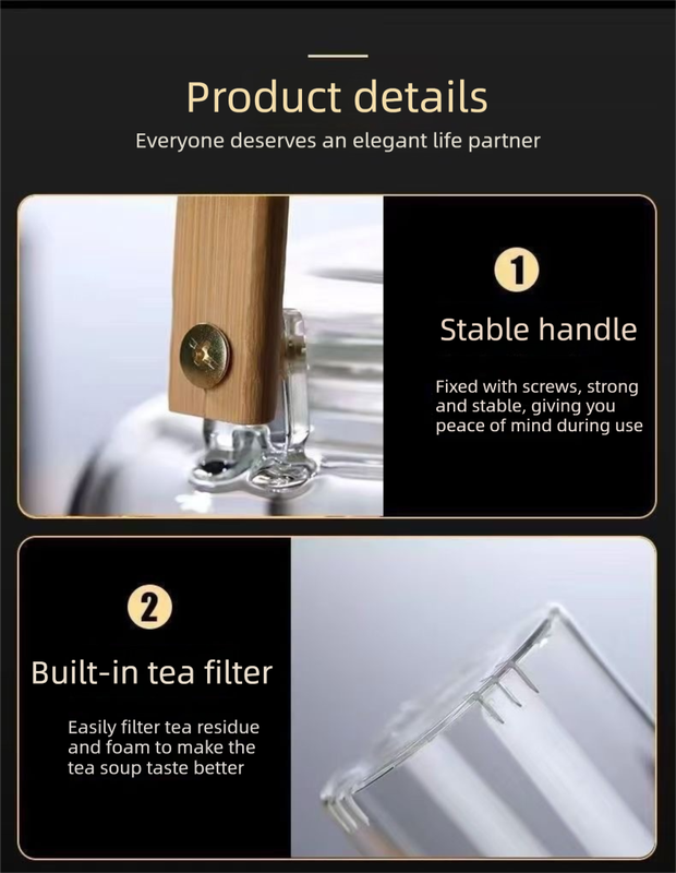 1000ml Heat Resistant Glass Teapot with Bamboo Handle and Glass Infuser Loose Leaf Tea Maker for Home