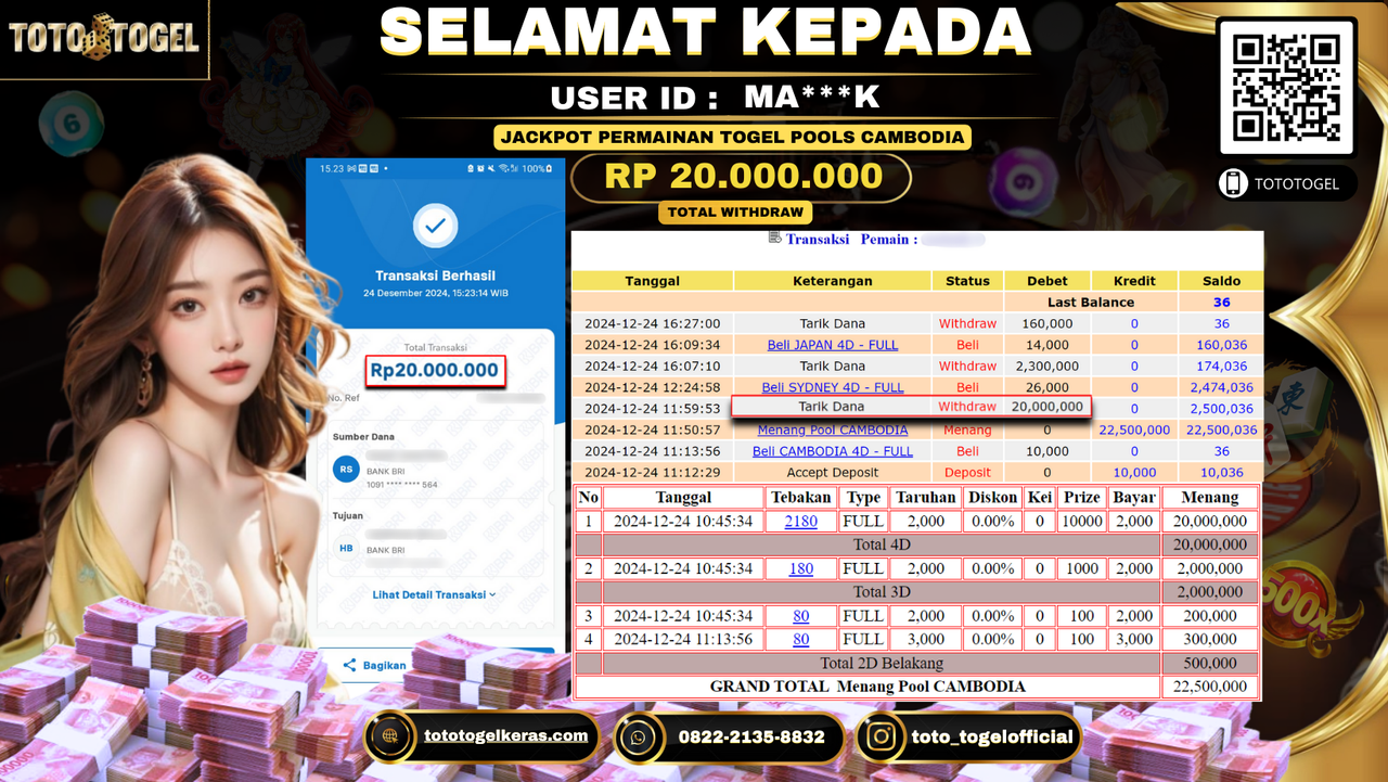 Bukti Pembayaran Jackpot  Permainan Togel Pools Cambodia  : MA***K LUNAS