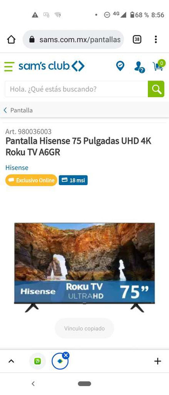 Sam's Pantalla Hisense 75 Pulgadas UHD 4K Roku TV A6GR 