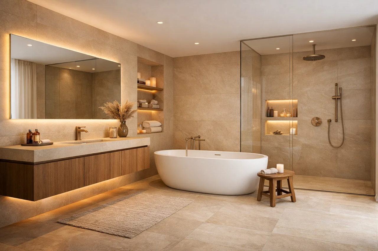 Close-up of interior textures and neutral color palette.