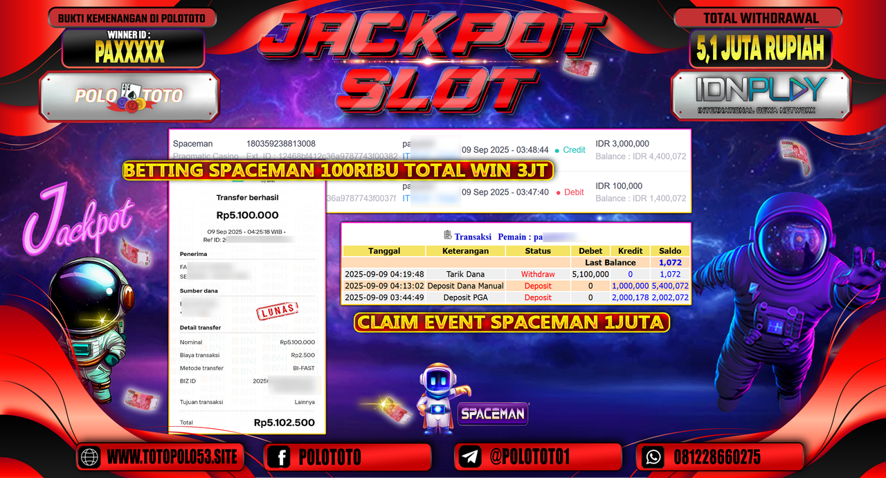 POLOTOTO JACKPOT SLOT SPACEMAN Rp.5.100.000,-