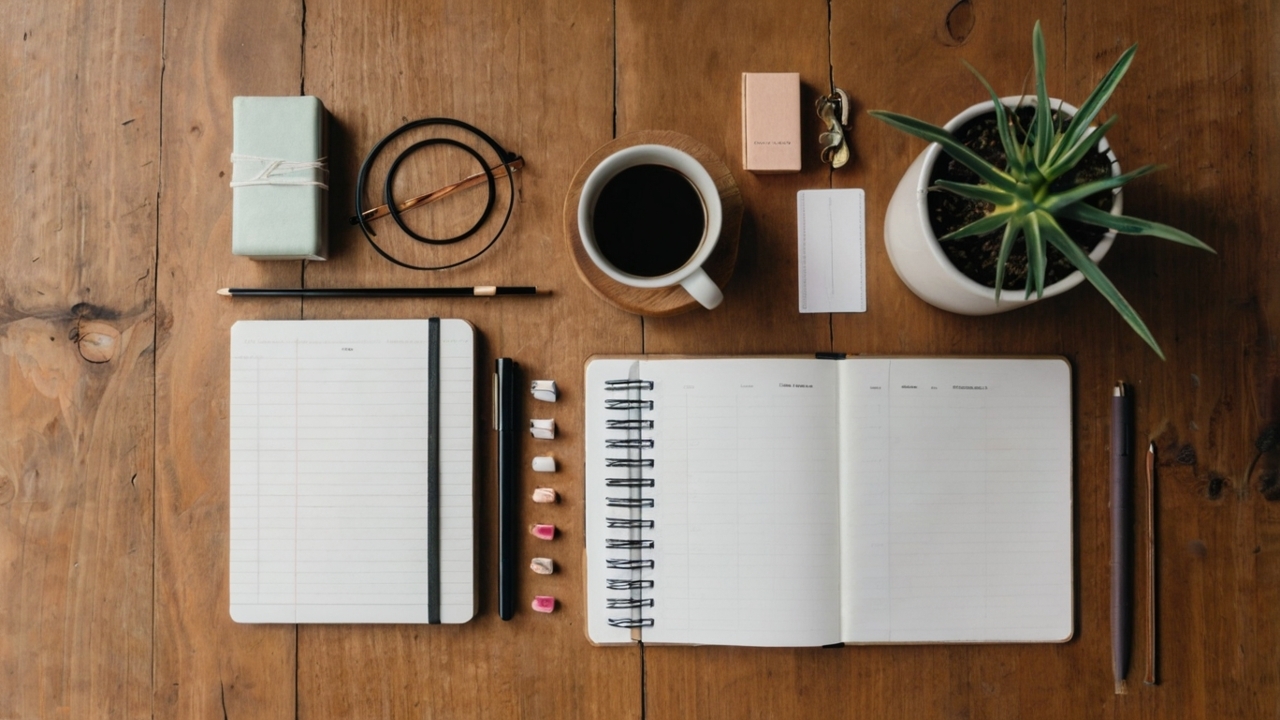На столе кофе, блокнот, ручка