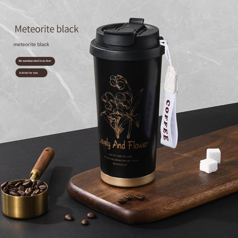 Black 316 Stainless Steel Insulated Coffee Tumbler 500ml with Dual-Use Lid, Lily of the Valley Design, Leak-Proof Sip and Straw, BPA-Free Thermal Cup for Hot Cold Beverages