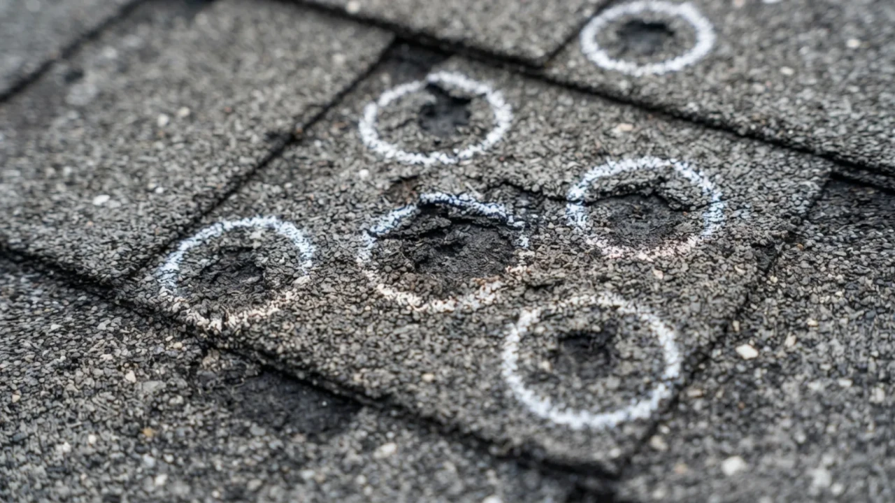 Hail damage on roof shingles after San Antonio storm
