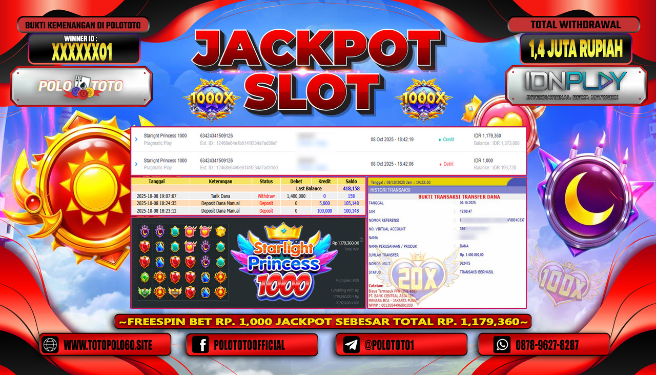 POLOTOTO JACKPOT SLOT STARLIGHT PRINCESS 1000 Rp.1.400.000,- LUNAS