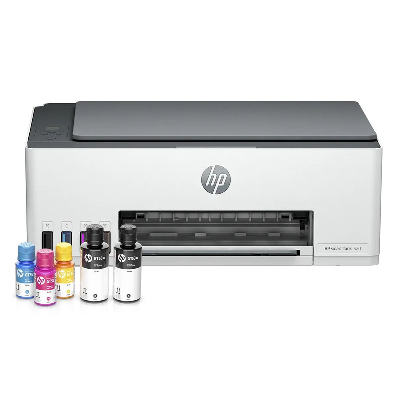 Impresora multifuncional HP Smart Tank 520 con tanques de tinta integrados.