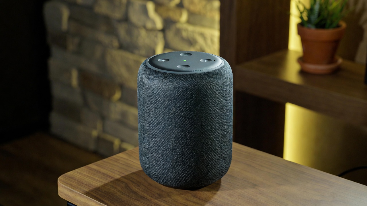 Amazon Echo Studio 2026 edition with fabric design in a living room setting