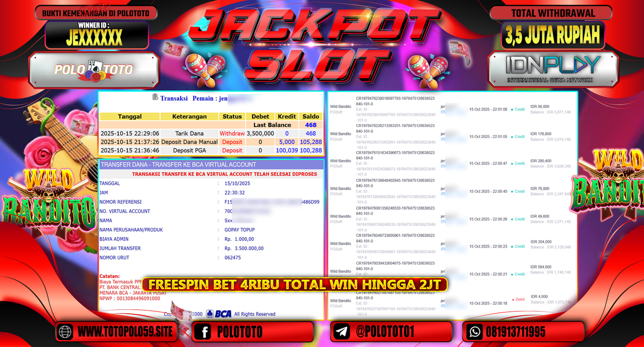 POLOTOTO JACKPOT SLOT WILD BANDITO Rp.3.500.000,- LUNAS