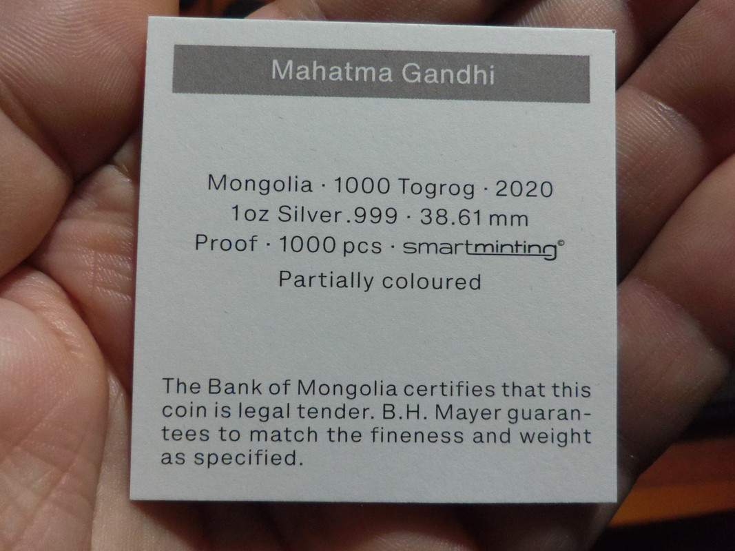 1.000 Tugrik mongoles. Mongolia. Serie Revolucionarios. Gandhi. Mayer's Mint (Pforzheim, Alemania). 2.020. Moneda con realismo extremo. IMGP2004