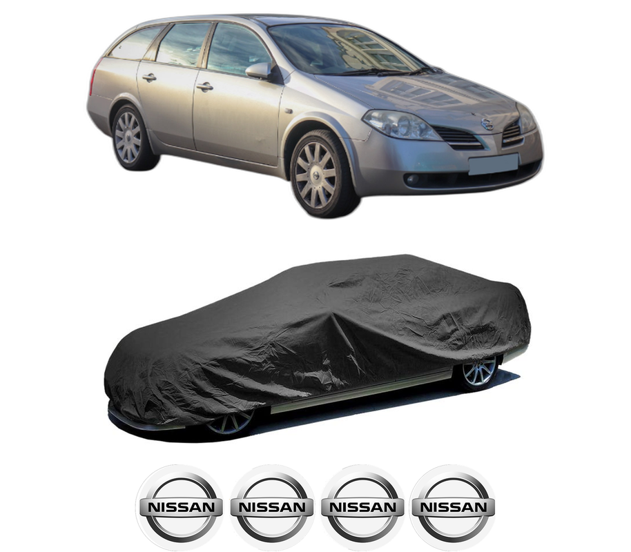 Husa tip prelata auto pentru NISSAN PRIMERA Hatchback (P12) din 2002-2008, Culoare Negru, material textil impermeabil, rezistanta la intemperii praf UV, CARPASSION Husa Protectie, 4 Stickere auto cu NISSAN