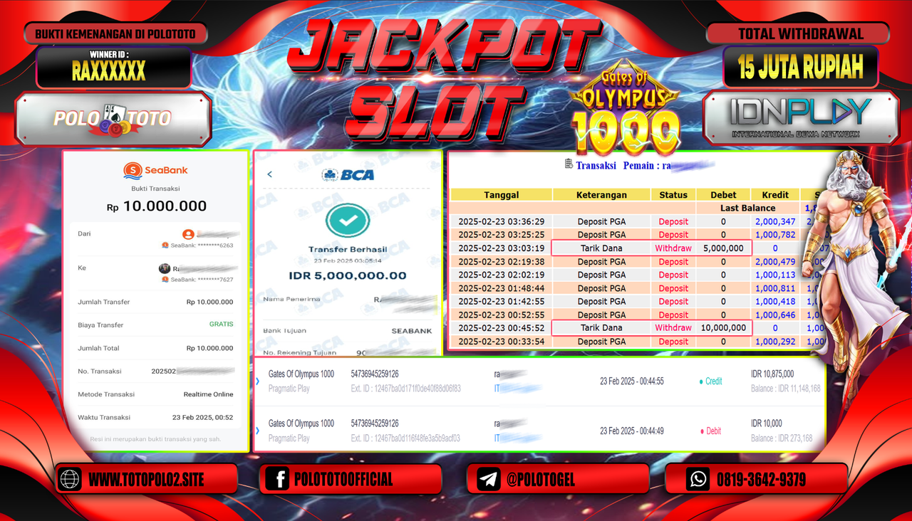 POLOTOTO JACKPOT SLOT GATES OF OLYMPUS 1000 Rp.15.000.000,- LUNAS