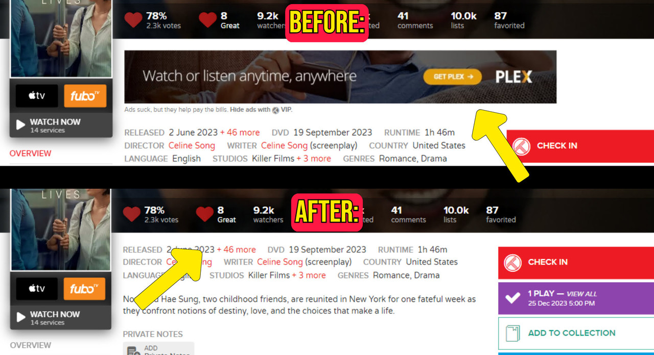 trakt.tv ads remove screenshot before and after