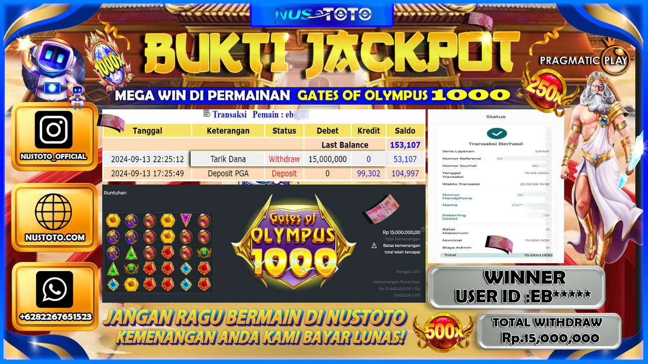 JACKPOT !! MENANG BESAR DI GATES OF OLYMPUS 1000 Rp.15.000.000 LANGSUNG DI BAYAR LUNAS NUSTOTO !!